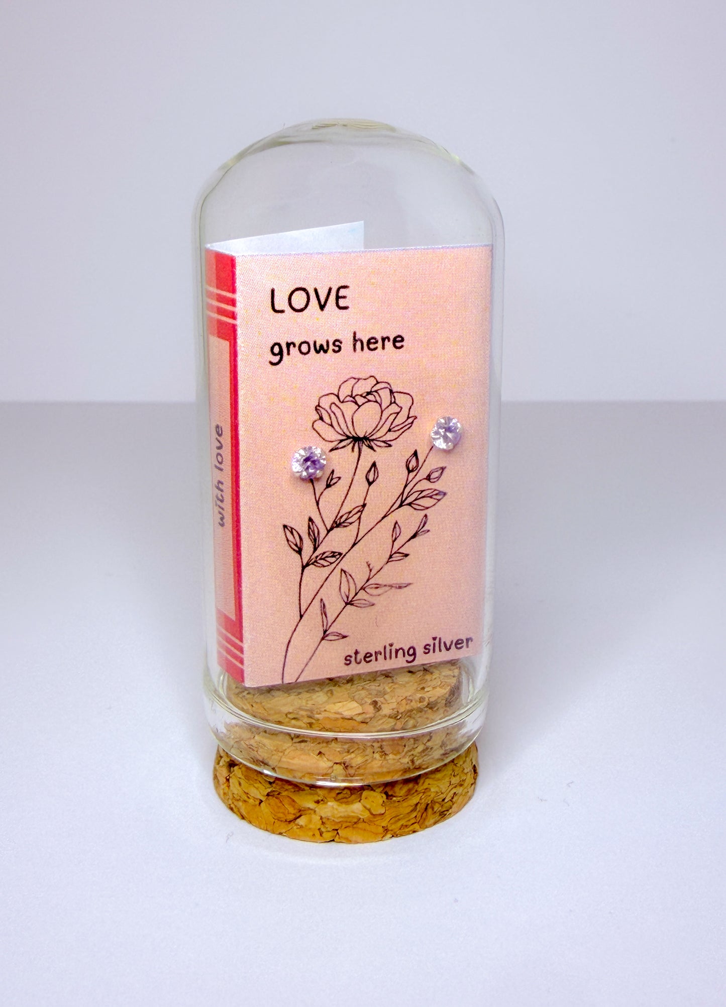 Lavender Cubic Zirconia Stud Earrings 'Love Grows Here.'