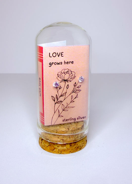 Lavender Cubic Zirconia Stud Earrings 'Love Grows Here.'