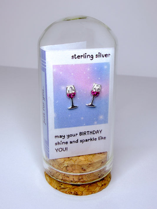 Wine Glass Crystal Stud Earrings 'May your birthday shine and sparkle like you.'
