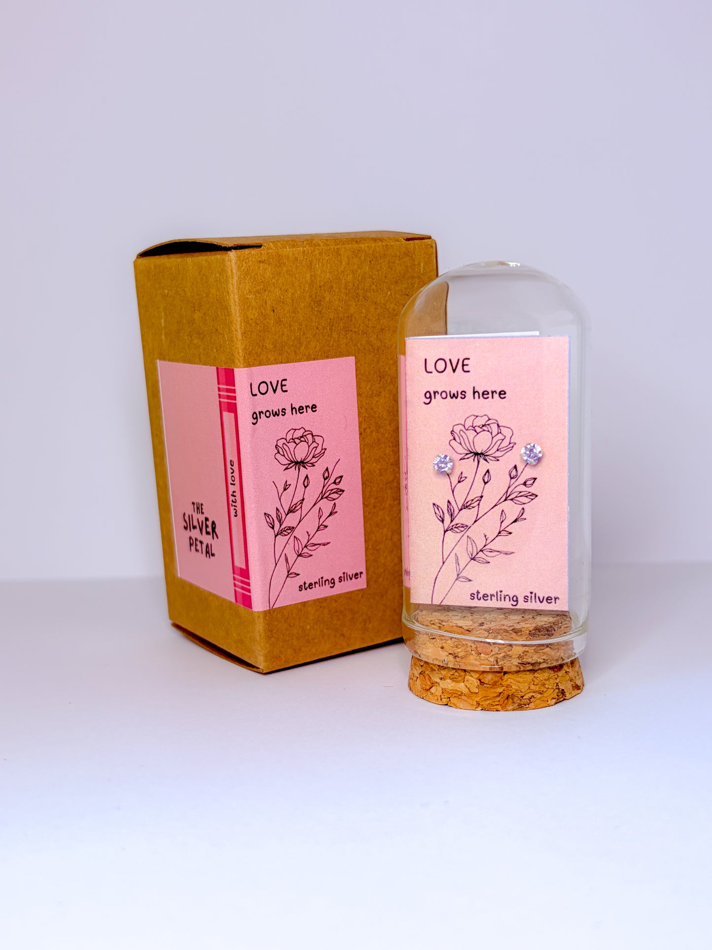 Lavender Cubic Zirconia Stud Earrings 'Love Grows Here.'